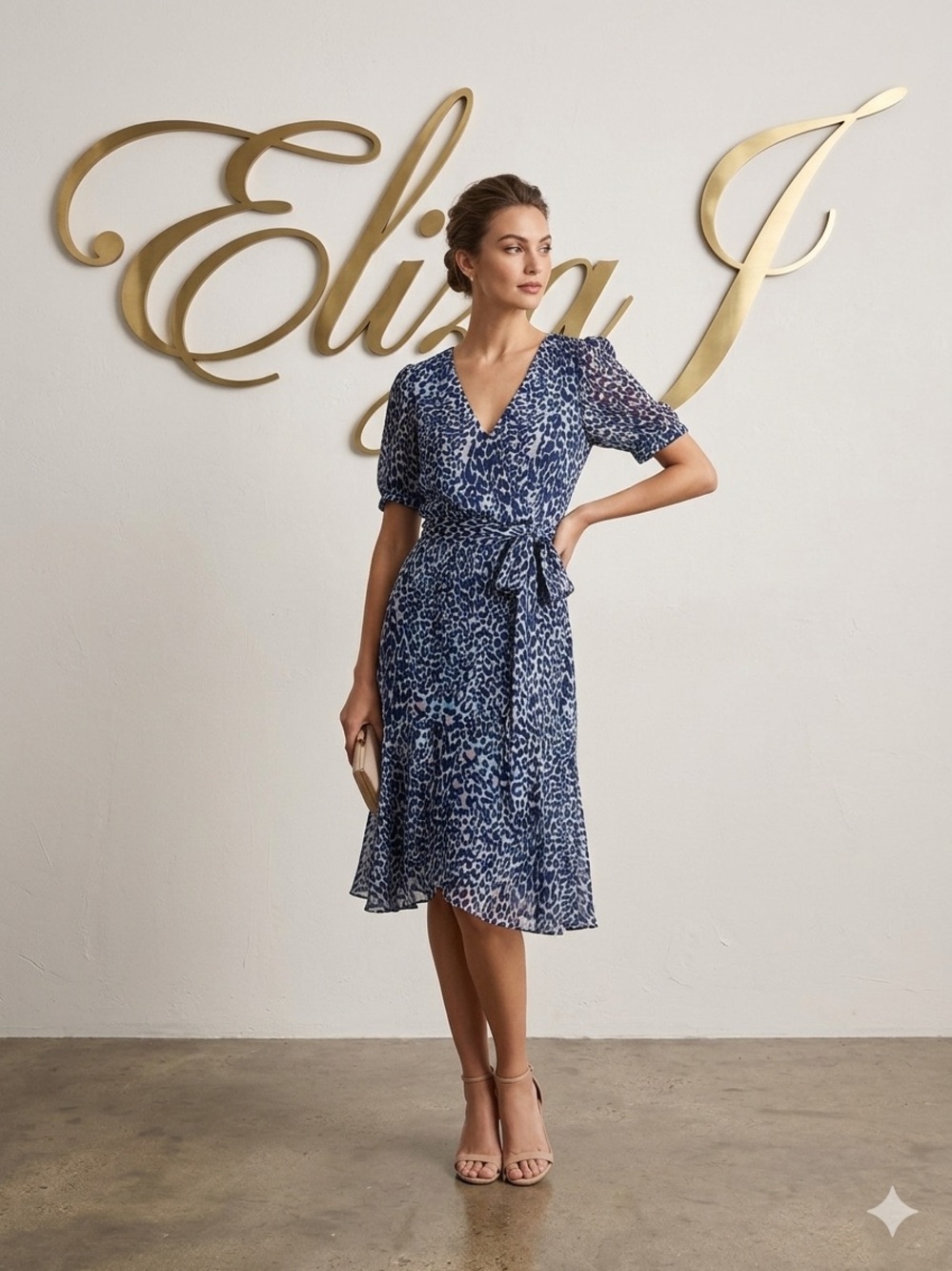 Eliza J Navy and White Animal-Print Wrap Midi Dress size 8 NWT